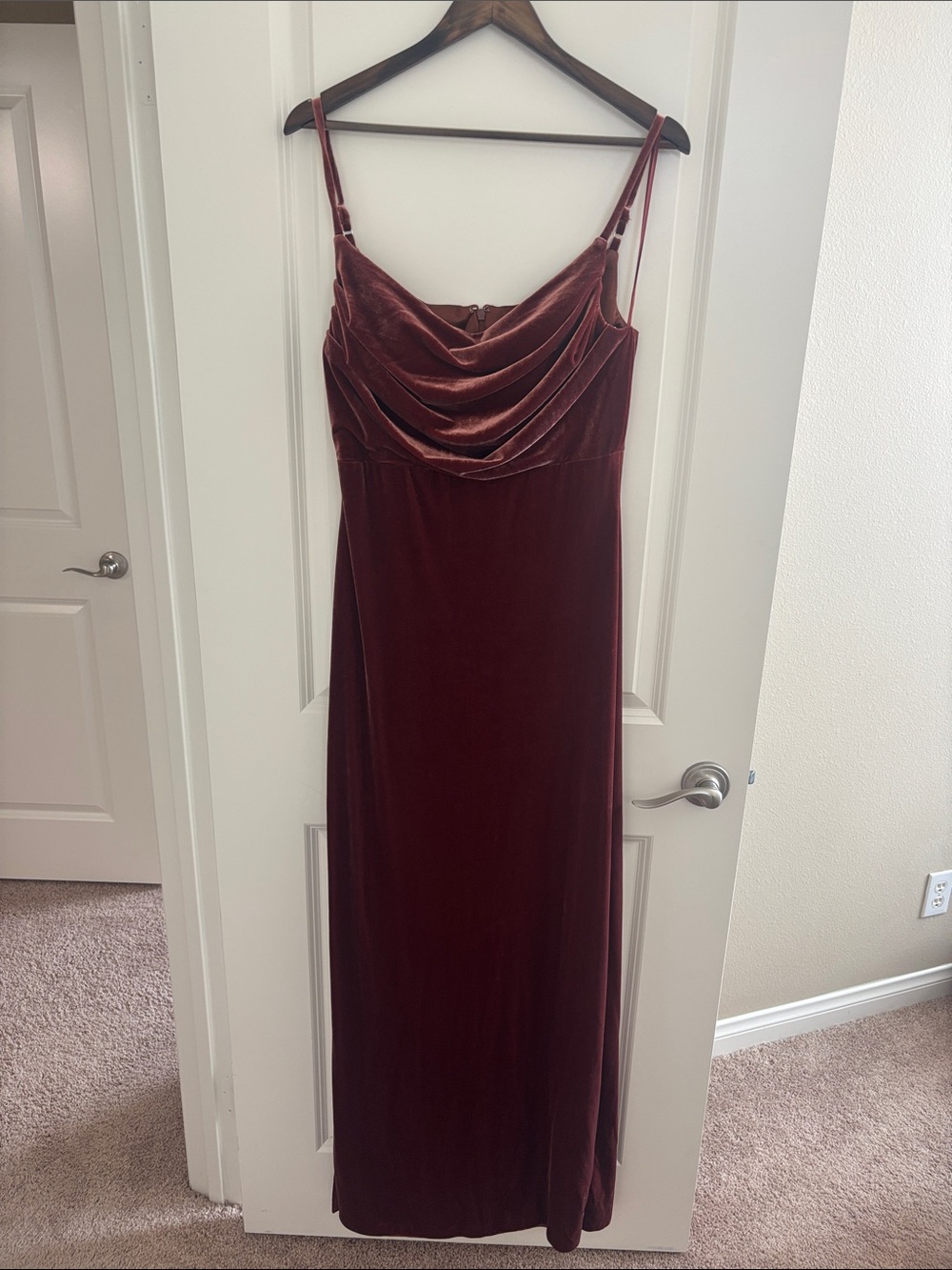 Revelry Velvet Cowl Neck Bridesmaid Dress in Terracota